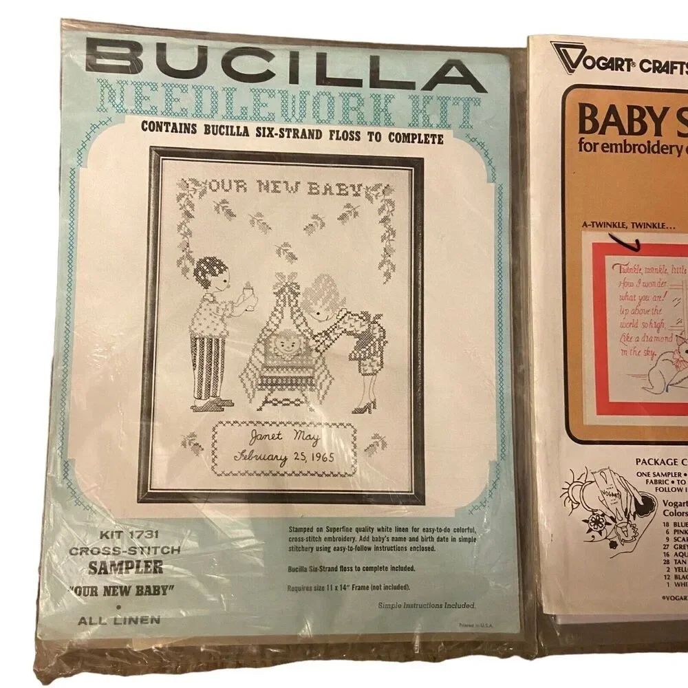 6951 VTG Set of 3 Cross Stitch Kits Sewing Pattern Bucilla, Vogart Baby Sampler